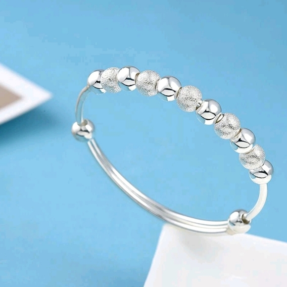 Silver Beaded Bangle Bracelet Adjustable Loose Fit Elegant Dainty Bracelets - Picture 11 of 16